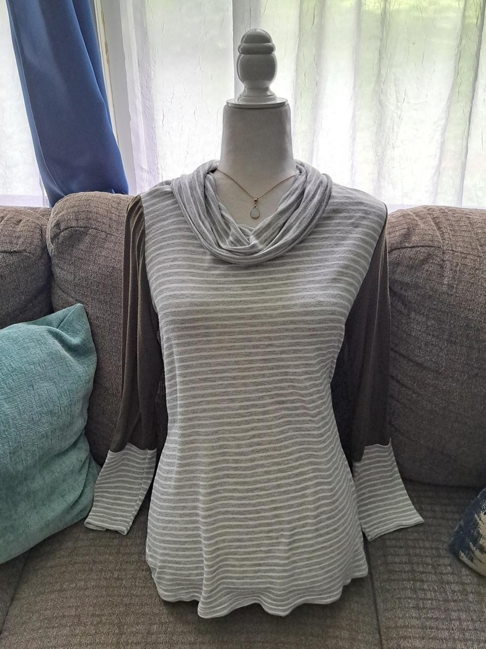 Striped Gray Cowl Neck Women's Shirt